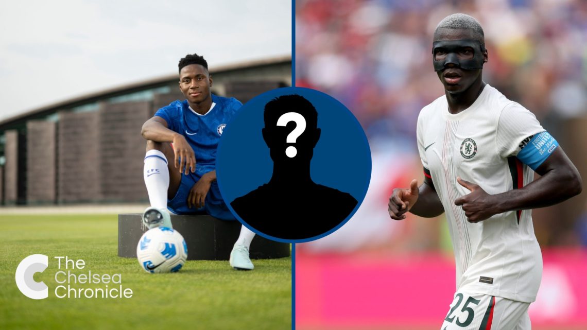 Split image - Moises Caicedo during match between CR Flamengo and Chelsea FC and Dario Essugo at Chelsea's training ground, inset mystery player