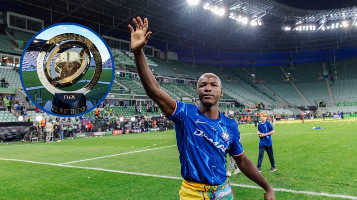Moises Caicedo of Chelsea waves during the ceremony after Conference League final, inset Club World Cup trophy on display
