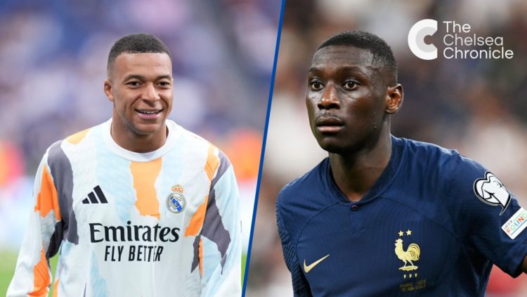 Split image - Kylian Mbappe warming up ahead of Real Madrid v Real Sociedad and Randal Kolo Muani during match between France and Greece