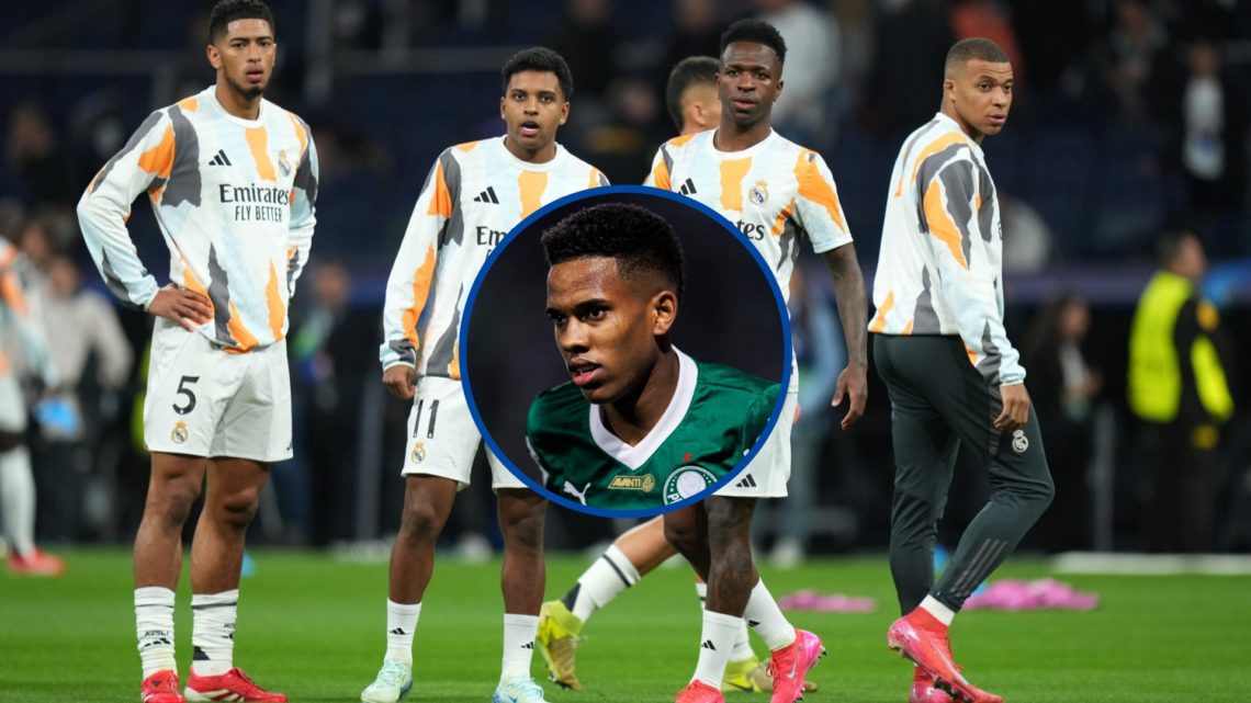 Real Madrid's Rodrygo warming up with Jude Bellingham, Vinicius Junior and Kylian Mbappe, inset Estevao Willian in action during Palmeiras v Sao Paulo