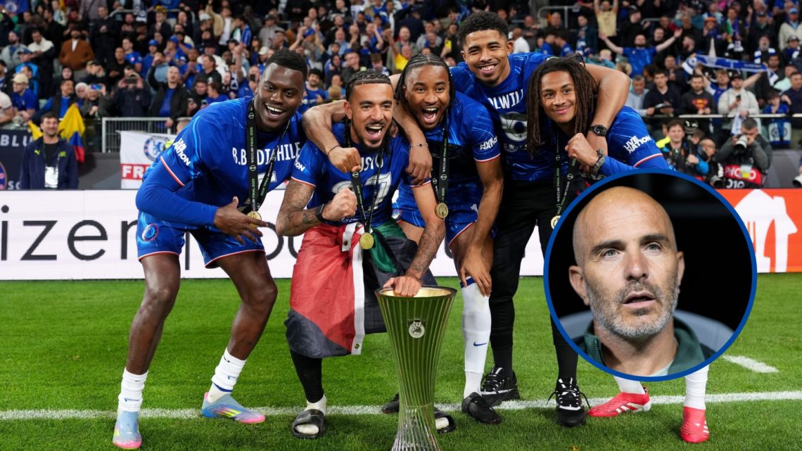 Benoit Badiashile, Malo Gusto, Christopher Nkunku, Wesley Fofana and Mathis Amougou celebrating, inset Enzo Maresca looks on during Chelsea v LAFC