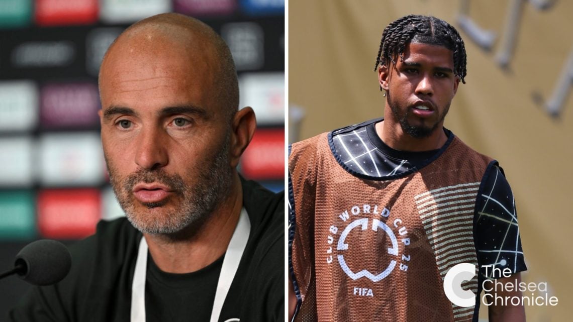 Enzo Maresca speaks to the media during Chelsea FC Training Session And Press Conference - FIFA Club World Cup 2025. Andrey Santos warms up during ...
