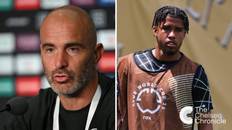 Enzo Maresca speaks to the media during Chelsea FC Training Session And Press Conference - FIFA Club World Cup 2025. Andrey Santos warms up during ...