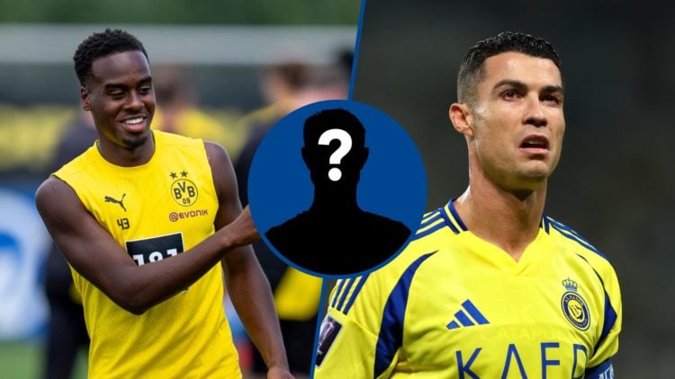 Split image - Jamie Gittens at Borussia Dortmund training and Cristiano Ronaldo during match between Al-Nassr FC and Al Ain FC, inset mystery player