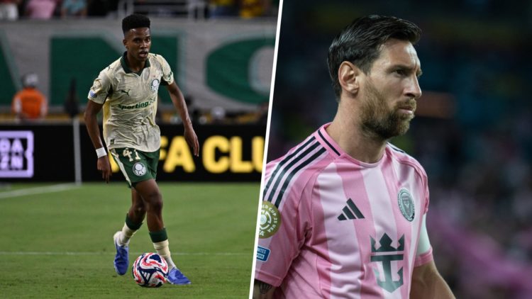 Estevao Willian in action during Inter Miami CF v SE Palmeiras: Group A - FIFA Club World Cup 2025. Lionel Messi looks on during Inter Miami CF v S...