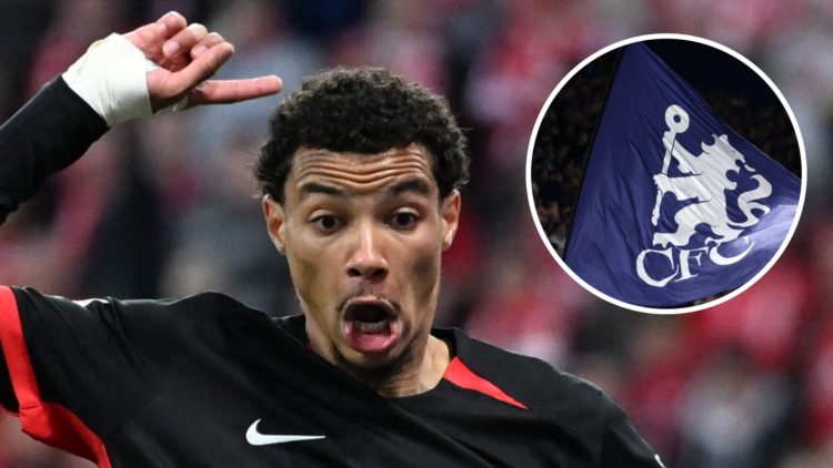 Hugo Ekitike playing for Eintracht Frankfurt in the German Bundesliga. Inset, Chelsea flag at a Premier League match