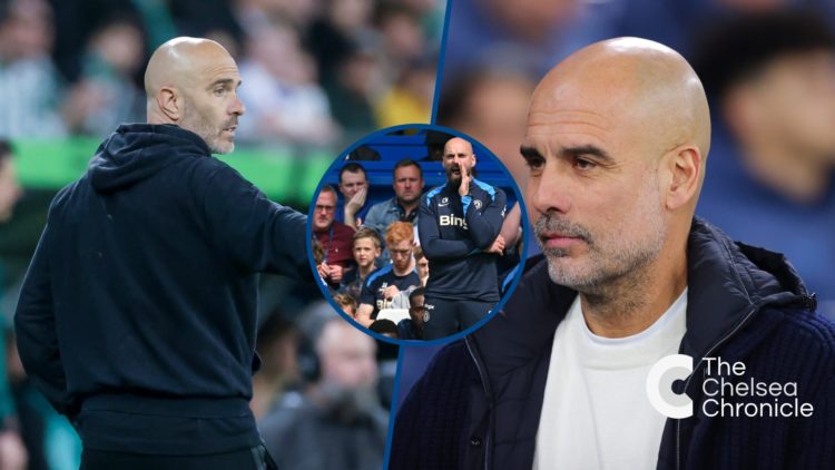 Split image - Chelsea manager Enzo Maresca issues instructions and Pep Guardiola at Man City game, inset Willy Caballero giving instructions