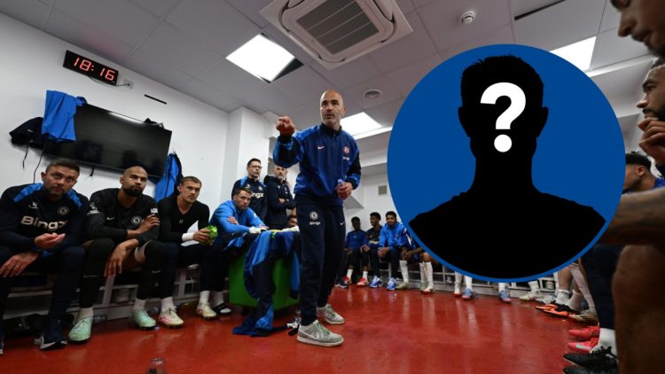 Enzo Maresca addressing Chelsea players after win, inset mystery player