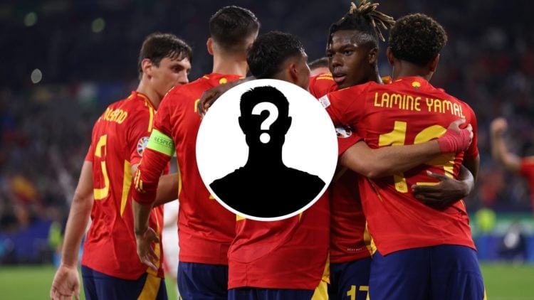 Lamine Yamal of Spain and Nico Williams of Spain and Pedri Gonzalez of Spain celebrate goal, inset mystery player