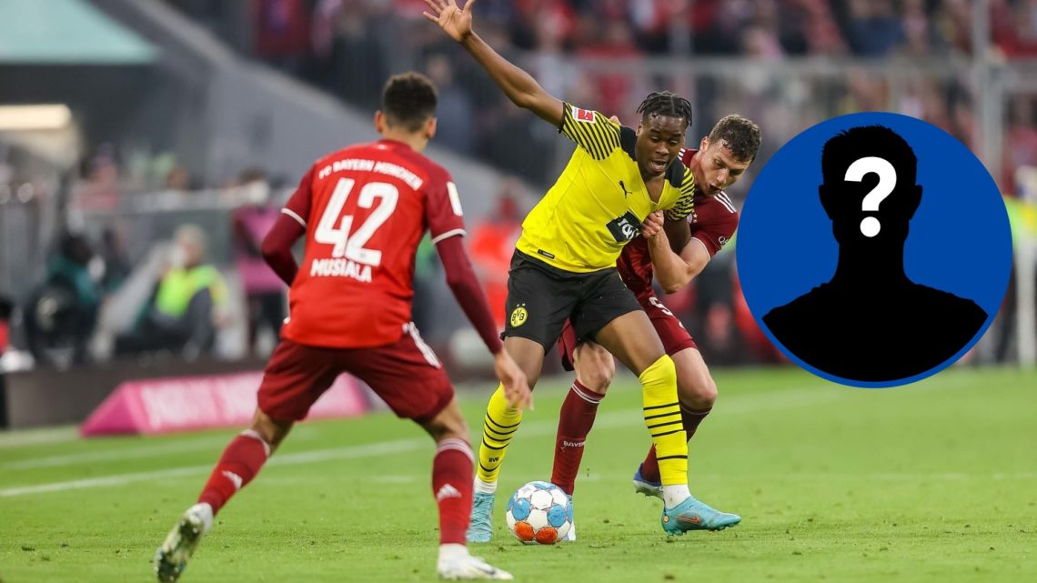 Jamie Gittens of Borussia Dortmund and Benjamin Pavard of Bayern Munich battle for the ball, inset mystery figure