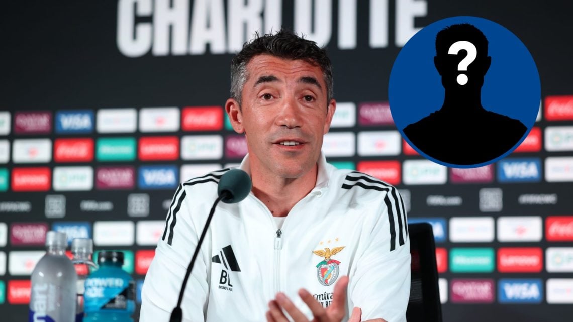 Bruno Lage, Head Coach of SL Benfica speaks during a Press Conference, inset mystery player