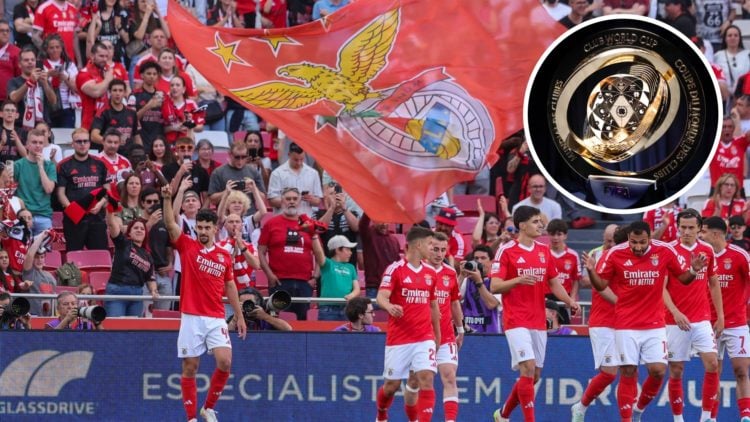 Tomas Araujo of SL Benfica celebrates scoring, inset the Club World Cup trophy present at the draw ceremony