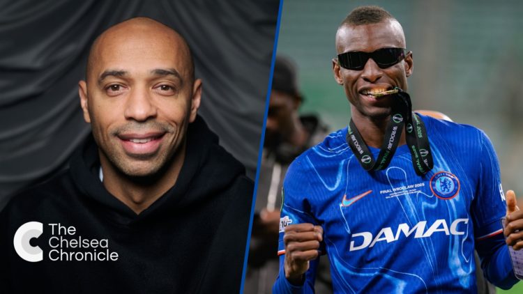Split image - Arsenal legend Thierry Henry poses for a portrait at the Eventim Apollo and Nicolas Jackson of Chelsea celebrates with gold medal