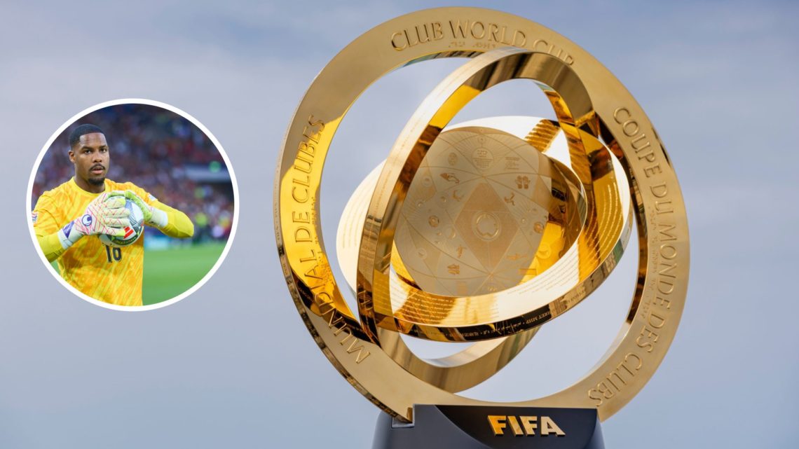 FIFA Club World Cup Trophy is displayed at South Beach, inset Mike Maignan looks on during Spain v France 5-4 - UEFA Nations League 2025 semi-final