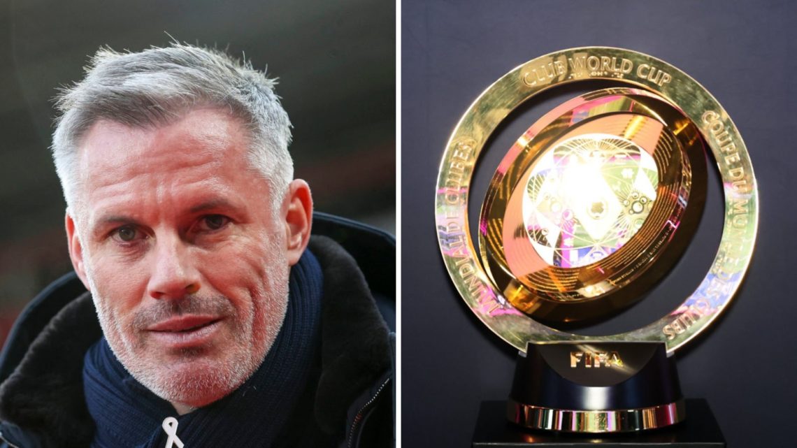 Picture one Jamie Carragher as a pundit at a Premier League match. Inset two the Club World Cup trophy