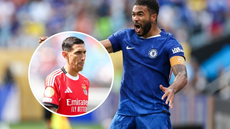 Reece James celebrates scoring during Benfica SL v Chelsea FC: Round Of 16 - FIFA Club World Cup 2025. Angel Di Maria looks on before Benfica SL v ...