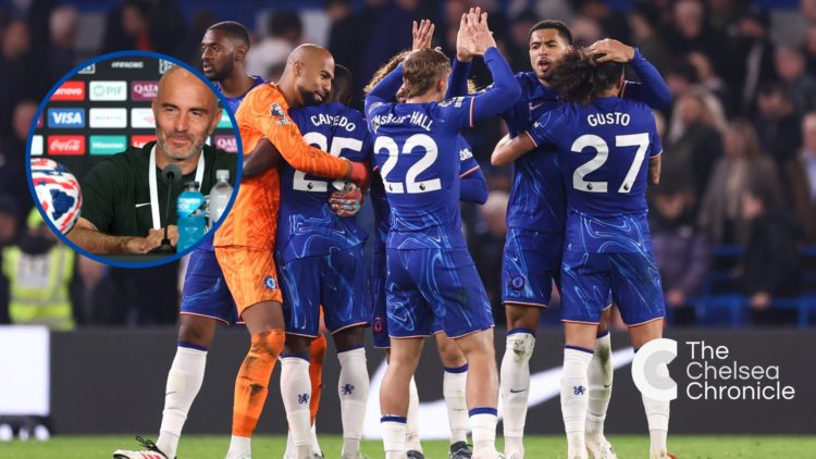 Colwill of Chelsea celebrates with his team mates ,inset Enzo Maresca speaks to the media during Chelsea press conference