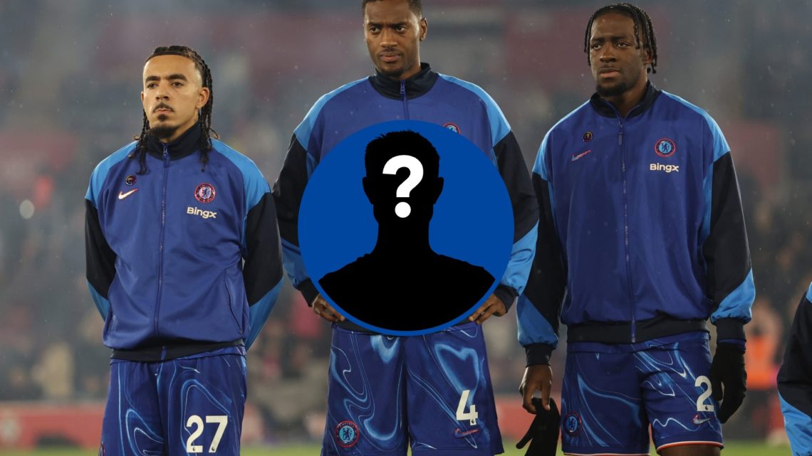 Malo Gusto, Tosin Adarabioyo and Axel Disasi of Chelsea line up prior to kick-off ahead of the Premier League match, inset mystery player
