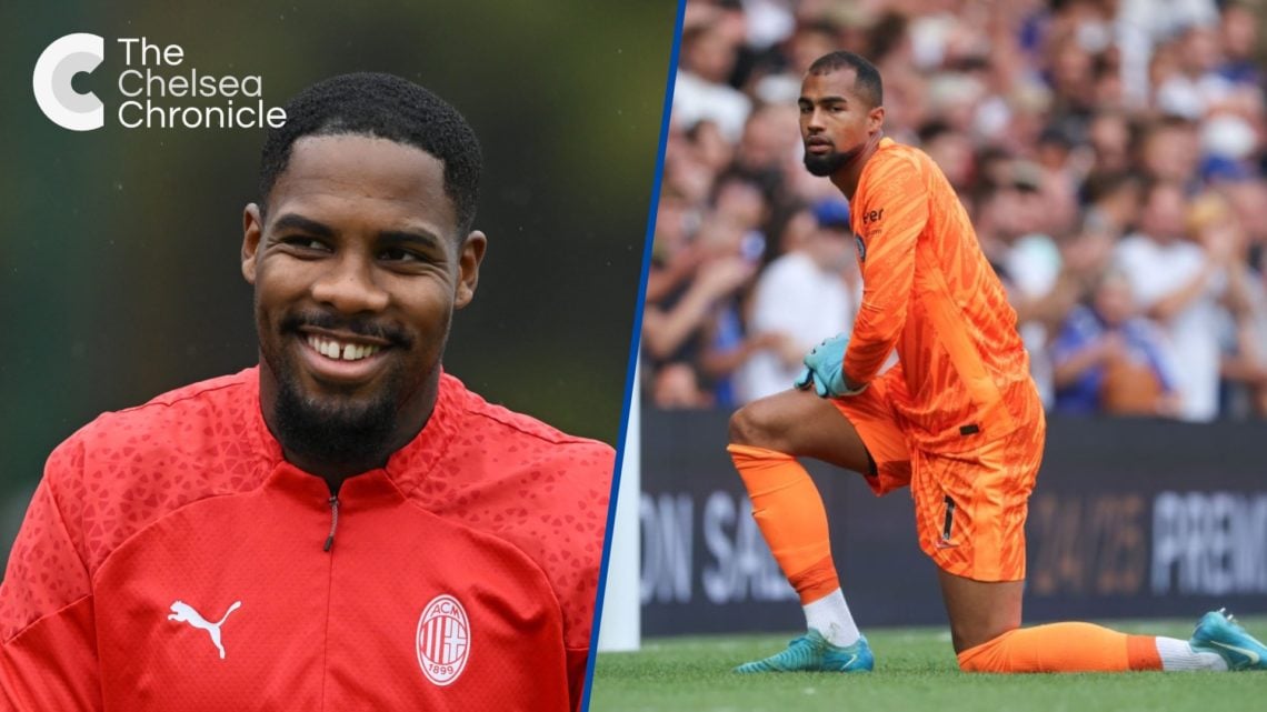 Split image - Mike Maignan of AC Milan in action during a training session and Robert Sanchez during match between Chelsea and Manchester City