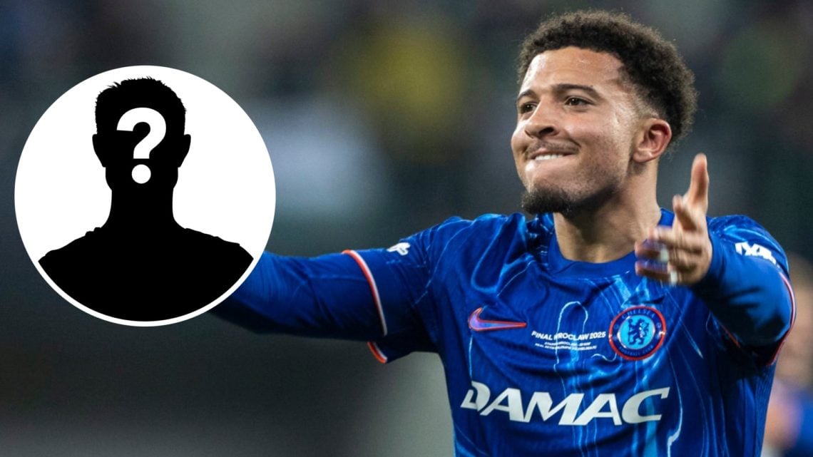 Jadon Sancho playing for Chelsea in the Conference League final against Real Betis. Inset, mystery football player