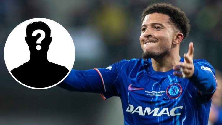 Jadon Sancho playing for Chelsea in the Conference League final against Real Betis. Inset, mystery football player
