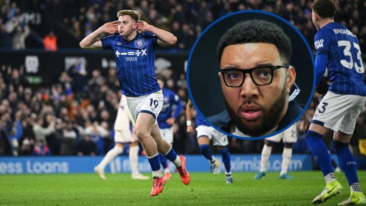 Ipswich striker Liam Delap celebrating goal against Chelsea, inset pundit Troy Deeney during game between Newcastle and Arsenal