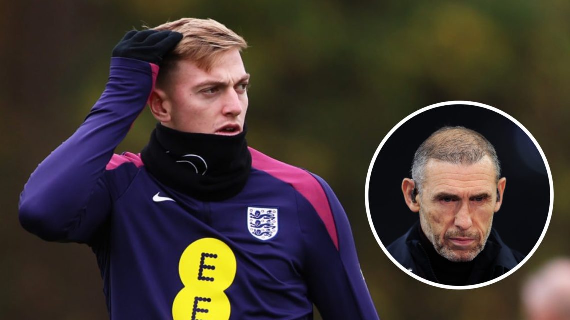 Liam Delap in training for England's Under-21s side. Inset, Martin Keown as a pundit