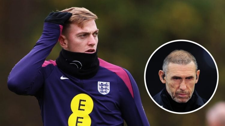 Liam Delap in training for England's Under-21s side. Inset, Martin Keown as a pundit
