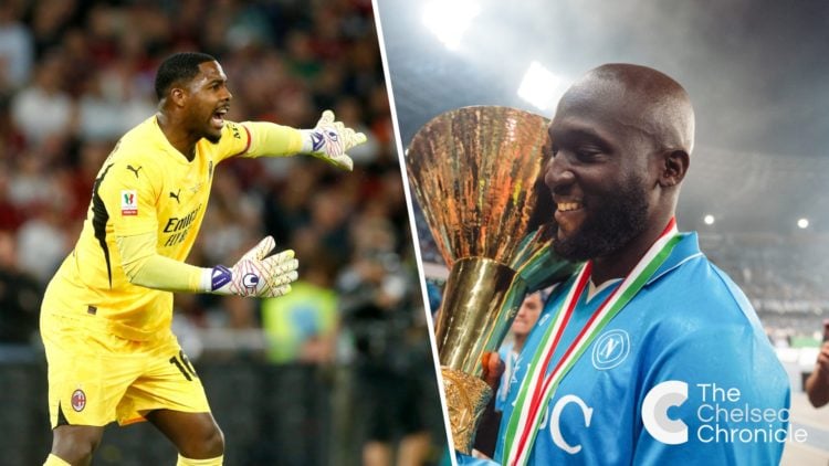 Mike Maignan in action during AC Milan v Bologna FC - Coppa Italia Final. Romelu Lukaku celebrates winning Serie A following Napoli v Cagliari - Se...