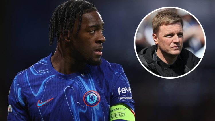 Axel Disasi playing for Chelsea in the Conference League. Inset, Newcastle United manager Eddie Howe watching on in a Premier League match