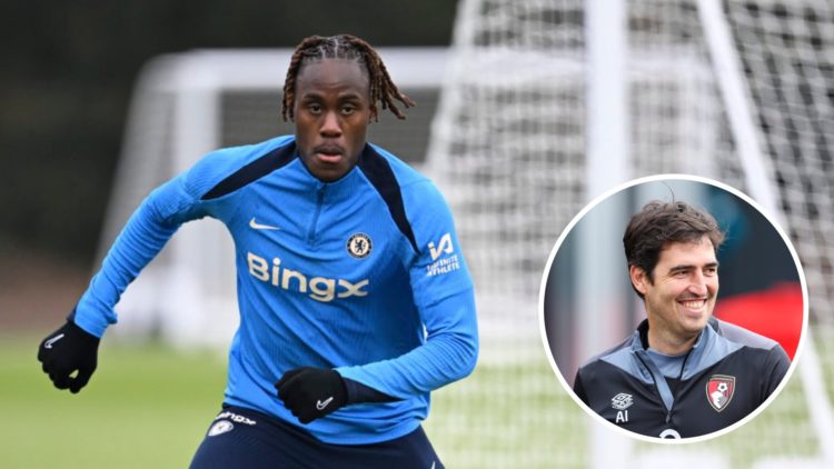 Chelsea defender Trevoh Chalobah in a training session at Cobham. Inset, Bournemouth manager Andoni Iraola in a training session.