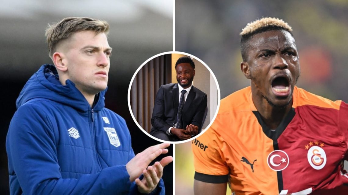 Picture one Ipswich Town striker Liam Delap clapping after a Premier League match. Picture two Galatasaray stirker Victor Osimhen playing in the Tu...