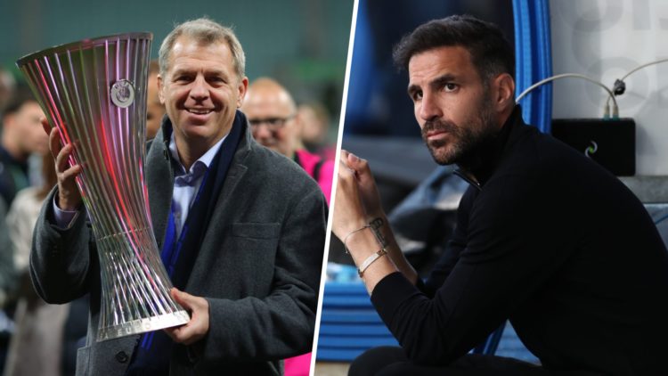 Cesc Fabregas looks on ahead of Como 1907 v FC Internazionale - Serie A. Todd Boehly lifts the trophy after Real Betis Balompie v Chelsea FC - UEFA...