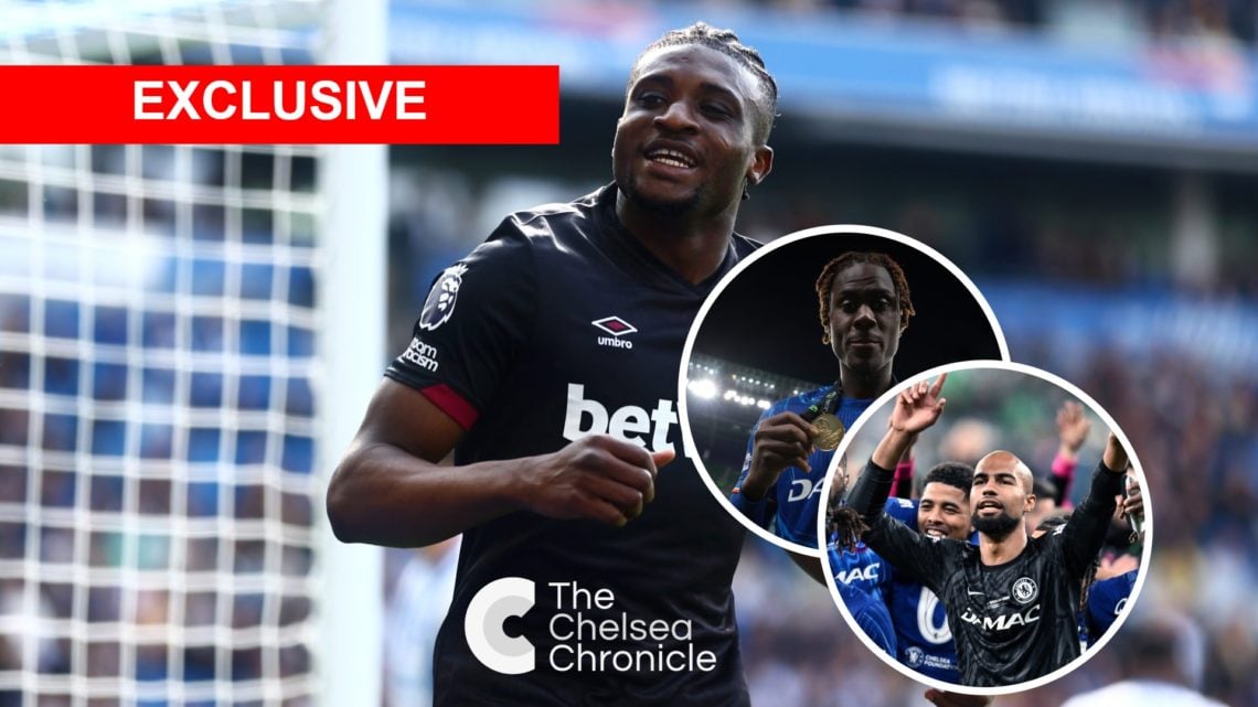 Mohammed Kudus celebrates scoring during Brighton & Hove Albion FC v West Ham United FC - Premier League. Trevoh Chalobah celebrates with his winne...