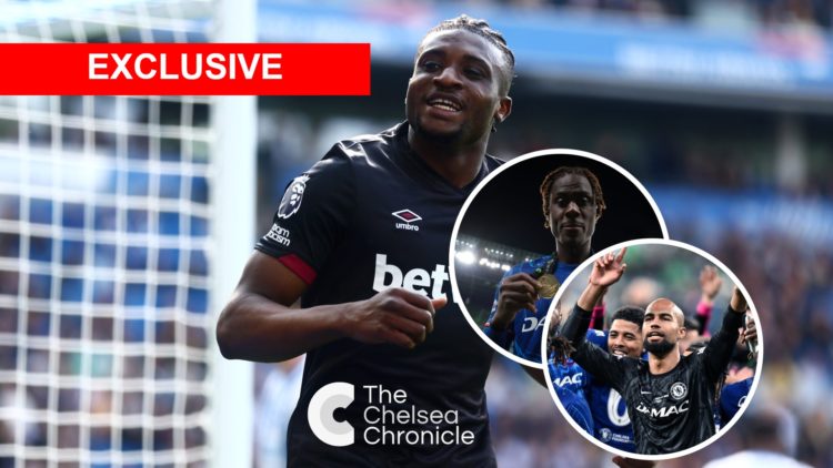 Mohammed Kudus celebrates scoring during Brighton & Hove Albion FC v West Ham United FC - Premier League. Trevoh Chalobah celebrates with his winne...