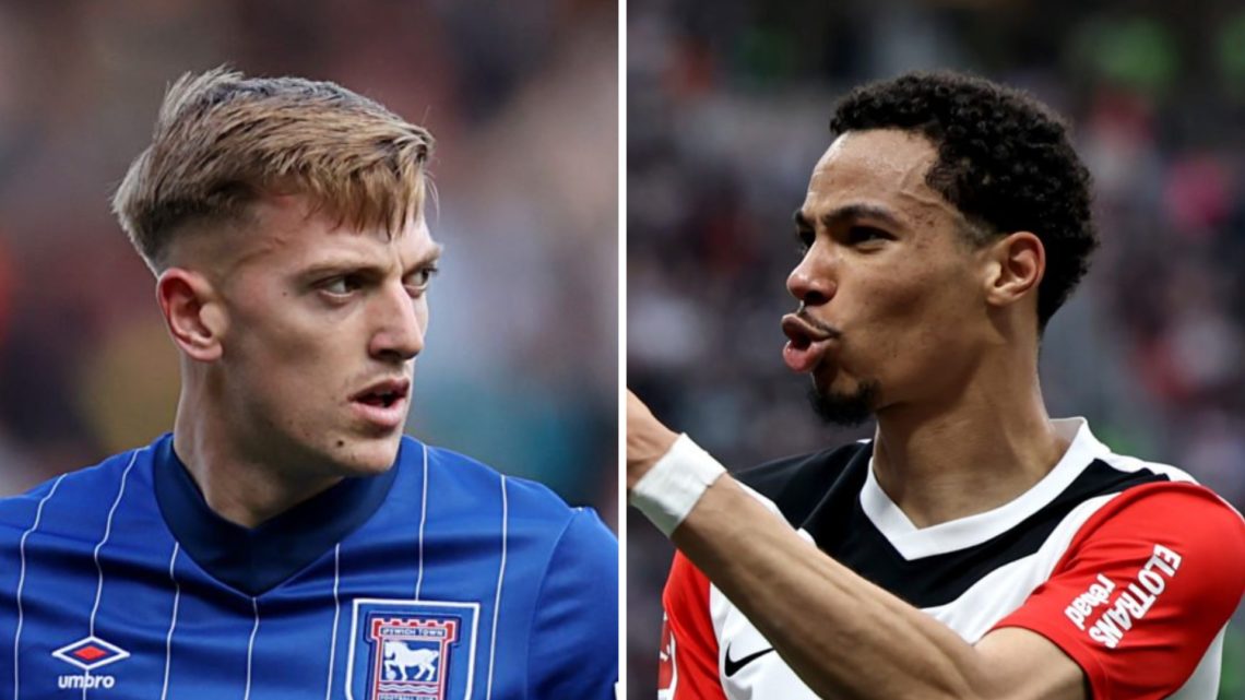 Picture one Liam Delap playing for Ipswich Town in the Premier League. Picture two Hugo Ekitike playing for Eintracht Frankfurt in the Bundesliga.