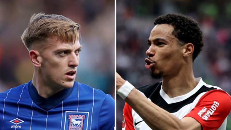 Picture one Liam Delap playing for Ipswich Town in the Premier League. Picture two Hugo Ekitike playing for Eintracht Frankfurt in the Bundesliga.