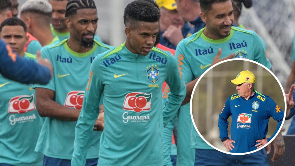 Estevao Willian alongside Brazil's players during a training sessionz. Inset, Brazil manager Carlo Ancelotti looks on during training
