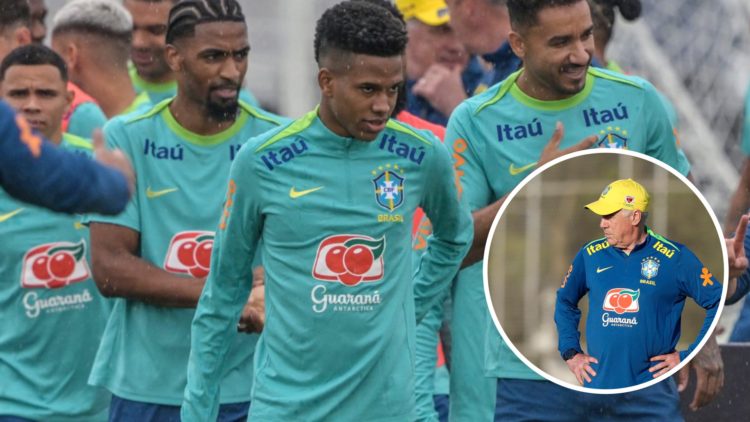 Estevao Willian alongside Brazil's players during a training sessionz. Inset, Brazil manager Carlo Ancelotti looks on during training