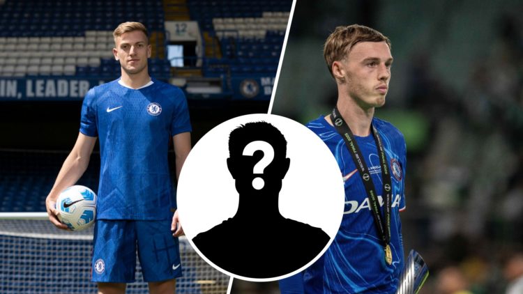 Liam Delap poses for a photo after Chelsea unveil him as their new signing. Cole Palmer looks on after Real Betis Balompie v Chelsea FC - UEFA Conf...