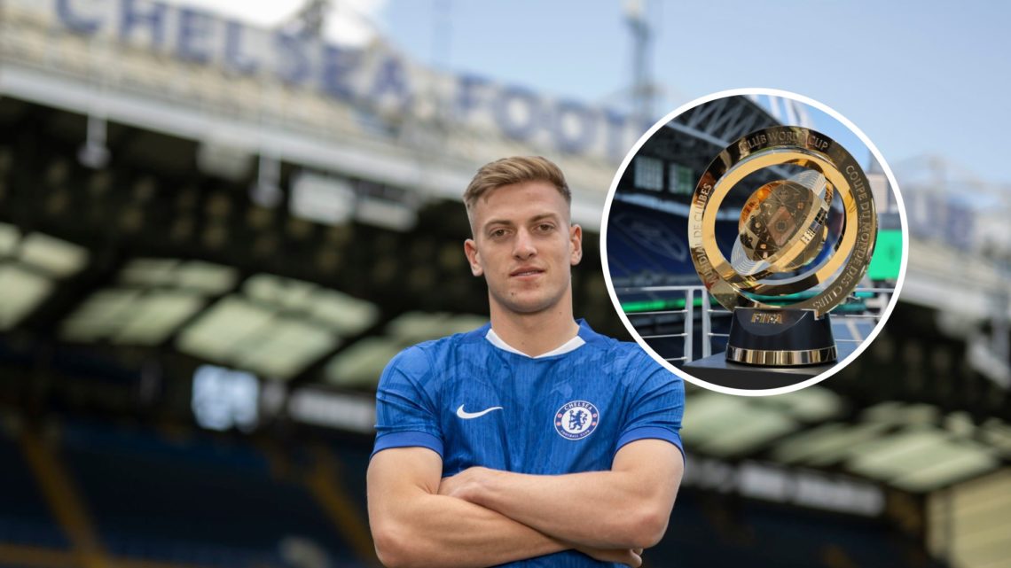 Chelsea Unveil New Signing Liam Delap at Stamford Bridge. The Club World Cup trophy displayed in Seattle
