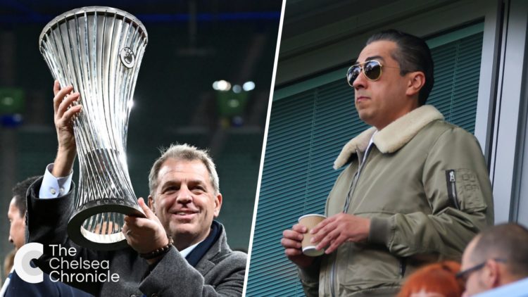 Chelsea owner Todd Boehly celebrates after Real Betis Balompie v Chelsea FC - UEFA Conference League Final 2025. Behdad Eghbali looks on prior to C...