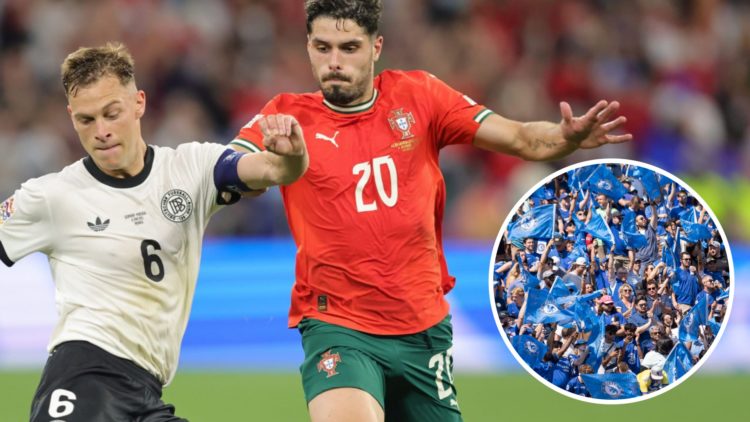 Pedro Neto playing for Portugal in the Nations League semi-finals. Inset, Chelsea fans with flags during a pre-season friendly.z