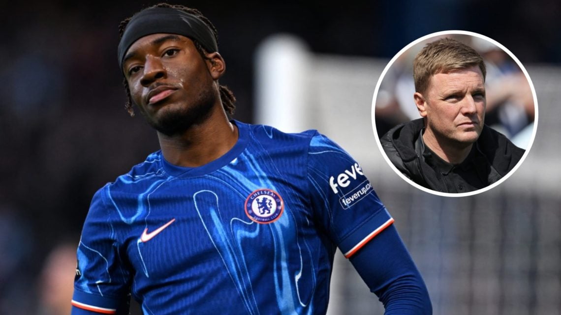 Noni Madueke playing for Chelsea in the Premier League against Aston Villa. Inset, Newcastle United manager Eddie Howe looks on against Chelsea in ...
