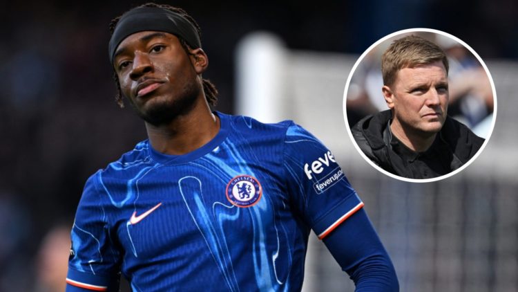 Noni Madueke playing for Chelsea in the Premier League against Aston Villa. Inset, Newcastle United manager Eddie Howe looks on against Chelsea in ...