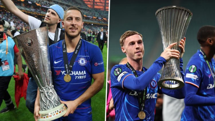 Eden Hazard celebrates with the trophy after Chelsea v Arsenal - UEFA Europa League Final. Cole Palmer celebrates with the trophy Real Betis Balomp...