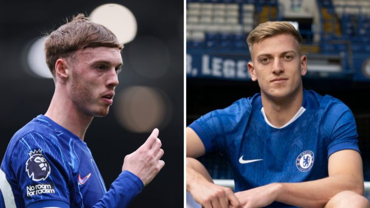 Picture one Cole Palmer playing for Chelsea against Fulham in the Premier League. Picture two Liam Delap poses at Stamford Bridge zzzafter signing ...