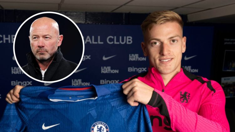 Liam Delap posing with a shirt after signing for Chelsea. Inset, Alan Shearer working as a pundit at a Champions League match.