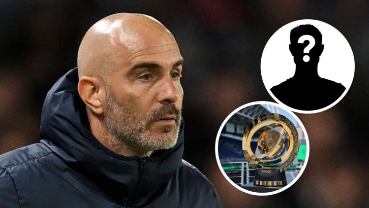 Chelsea manager Enzo Maresca in a Premier League match. Inset one, the Club World Cup trophy. Inset two, mystery football player