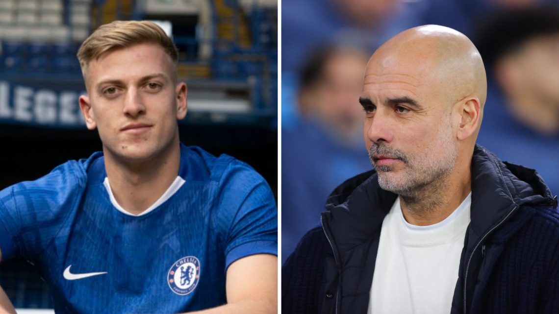 Picture one Liam Delap posing at Stamford Bridge after signing for Chelsea. Picture two Manchester City manager Pep Guardiola during a Champions Le...